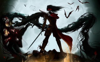 Woman sword demon hill bats - dark fantasy art free wallpaper