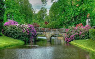 Bridge river green trees flower - beautiful landscape free wallpaper