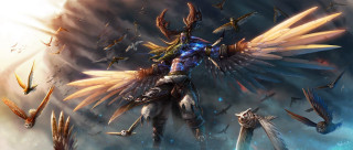 Man wings sword birds sky - epic fantasy character art free wallpaper