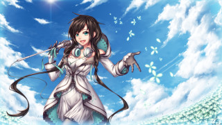 Woman white dress microphone sky - a white dress holding free wallpaper