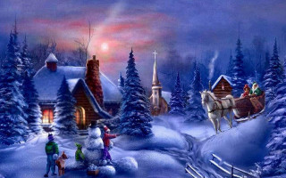 Snowy village sleigh snowman painting - naive art free wallpaper