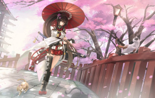 Woman red hat dress umbrella - cherry blossom free wallpaper
