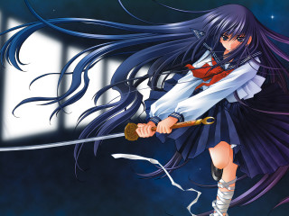 Anime girl long hair holding - a window behind her free wallpaper
