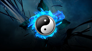 Yin blue flames black background - symmetrical balance free wallpaper
