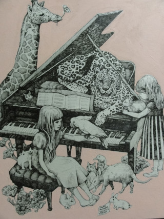 Girl playing piano animals giraffes - naive free wallpaper