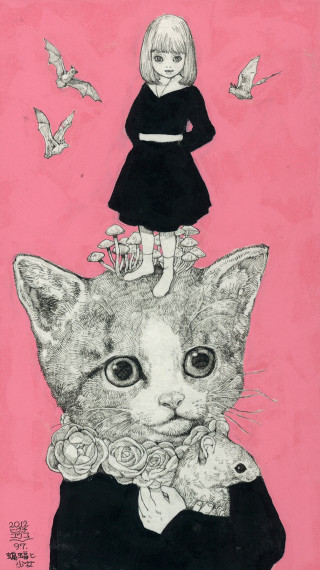 Girl cat rose bird surrealism - a storybook illustration free wallpaper