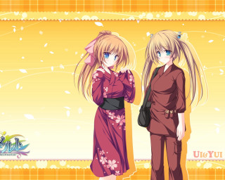 Anime girls yellow background leaves - official art free wallpaper for desktop
