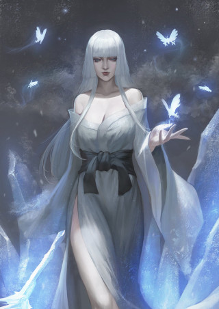 Woman white dress butterfly arm - fantasy art free wallpaper