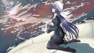 Woman long hair sitting beach - a ledge free wallpaper