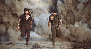 Men running dust smoke plume - area free wallpaper