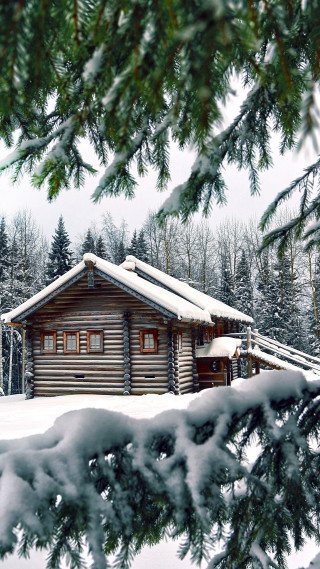 Snowy log cabin east asian - free winter wallpaper