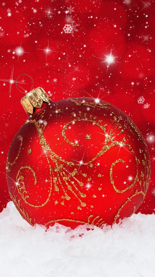 Red ornament gold ribbon snow - a snowy surface free wallpaper
