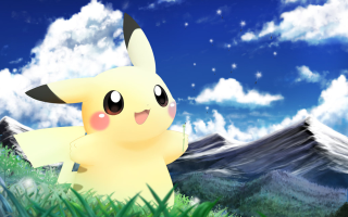 Pikachu sitting grass mountains background - pokemon free wallpaper
