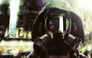 Man gas mask city street - neoexpressionism free wallpaper
