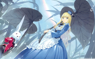 Woman blue dress knife forest - a knife in front free wallpaper