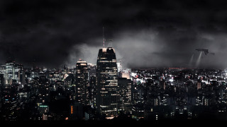 City skyline plane nighttime lights - over the city free wallpaper