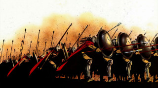 Men spears shields yellow sky - achille leonardi free wallpaper