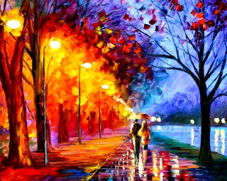 Rainy street umbrella impressionism autumn - alena aenami free wallpaper