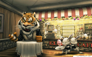 Tiger sitting table small animal - a storybook illustration free wallpaper for desktop