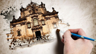 Hand pencil drawing building clock - a pencil free wallpaper
