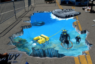 Diving man yellow boat pool - realistic painting free wallpaper