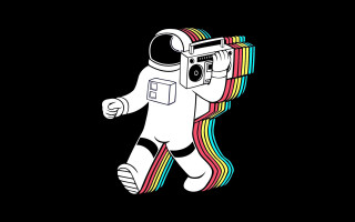 White astronaut camera rainbow striped - the dark background free wallpaper