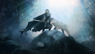 Man riding wolf forest rock - a wolf free wallpaper