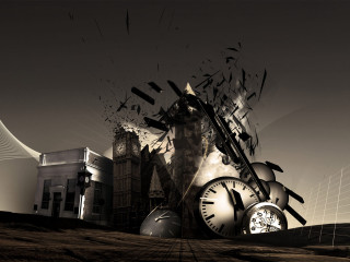 Clocktower bird building gears digital - deconstructivism free wallpaper