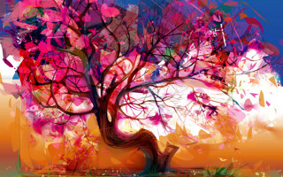 Tree colorful background person bench - surreal free wallpaper