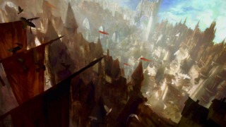 City bird flying painting over - mars ravelo and greg rutkowski free wallpaper