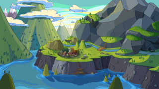 Cartoon island river houses scene - a small island free wallpaper