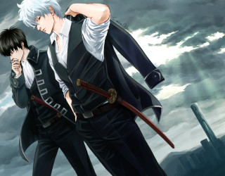 Anime characters cloudy sky sword - anime visual free wallpaper