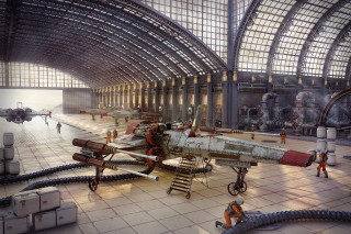 Hangar plane workers equipment ceiling - matte painting concept art free wallpaper
