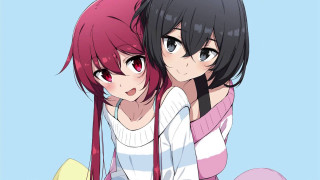 Two girls red eyes smiling - a blue sky behind them free wallpaper