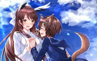 Anime girls cloudy day sky - behind them free wallpaper
