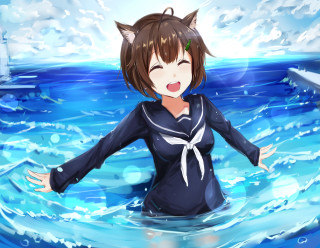 Woman wet suit water boat - an anime drawing free wallpaper