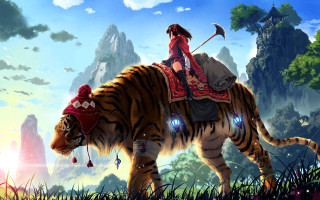 Woman riding tiger field grass - anime art free wallpaper
