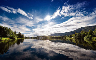Lake clouds trees shore mountain - a mountain in the distance free wallpaper