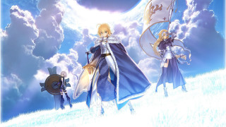 Anime couple snow sky clouds - behind them free wallpaper