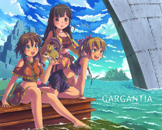 Anime girls dock ship ocean - a sailboat in the background free wallpaper