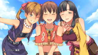 Three girls blue sky clouds - a picture together in front free wallpaper