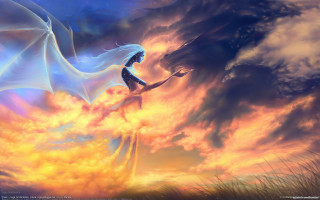 Woman flying cloud dragon sky - matte fantasy painting free wallpaper