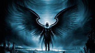 Man large wings dark sky 4 - a full moon behind free wallpaper