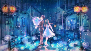 Couple people stage lights building - a building in the background free wallpaper