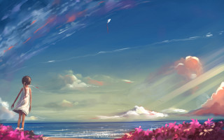 Girl beach ocean clouds pink - anime art free wallpaper