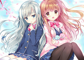 Anime girls blue pink hair 3 - two anime girls sitting next free wallpaper
