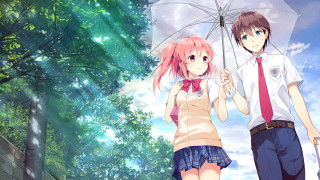 Couple umbrella rain trees background - sots art free wallpaper