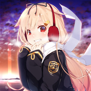 Anime girl headphone sky clouds - computer art free wallpaper
