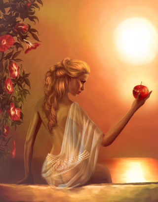 Woman holding apple sitting ledge - digital painting free wallpaper