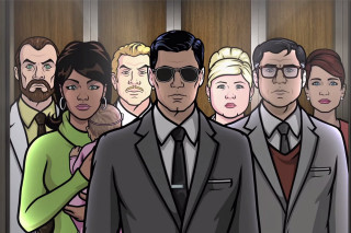 Group people door man suit - his lap free wallpaper
